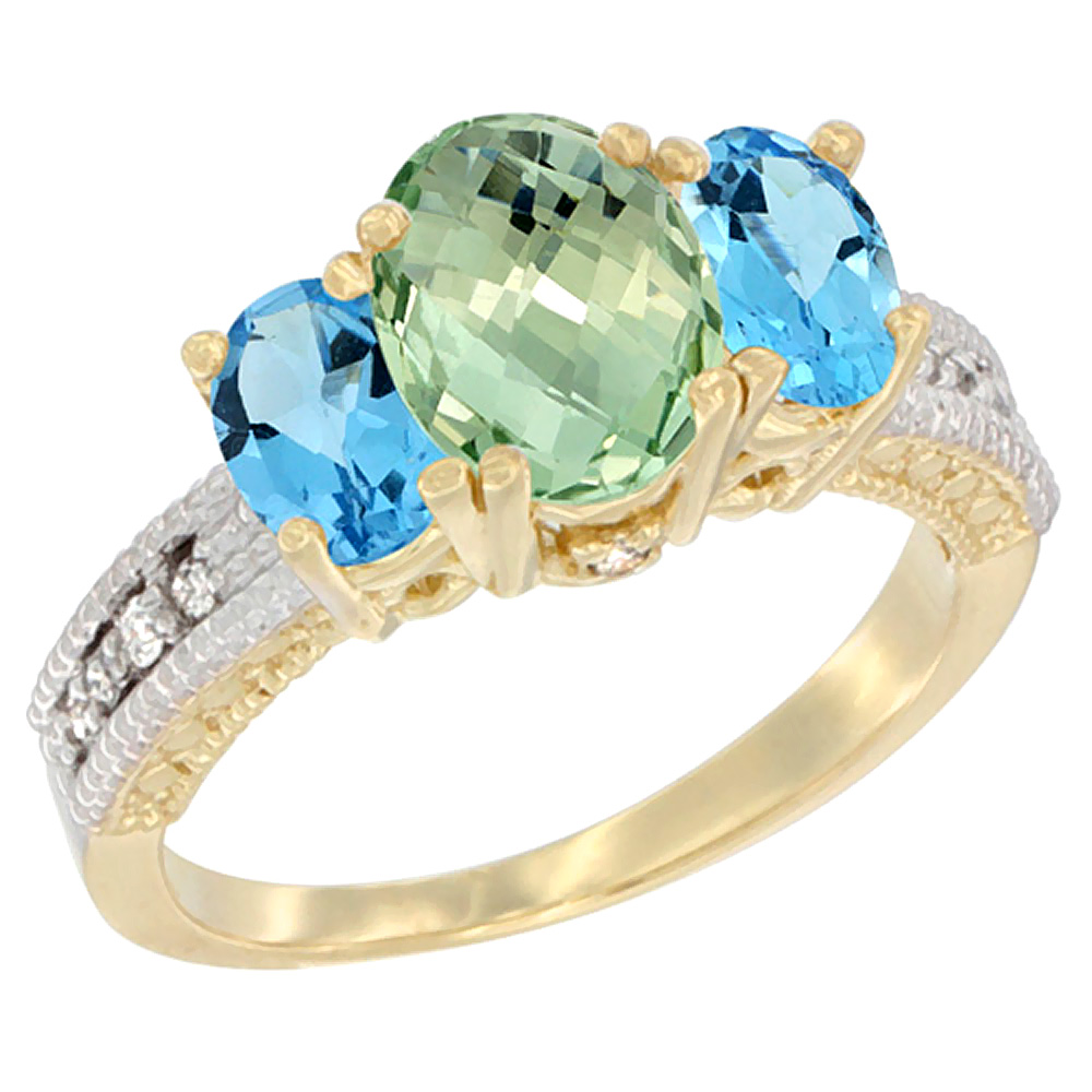 14K Yellow Gold Diamond Natural Green Amethyst Ring Oval 3-stone with Swiss Blue Topaz, sizes 5 - 10