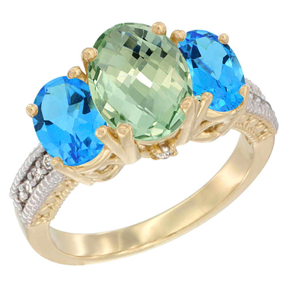 10K Yellow Gold Diamond Natural Green Amethyst Ring 3-Stone Oval 8x6mm with Swiss Blue Topaz, sizes5-10