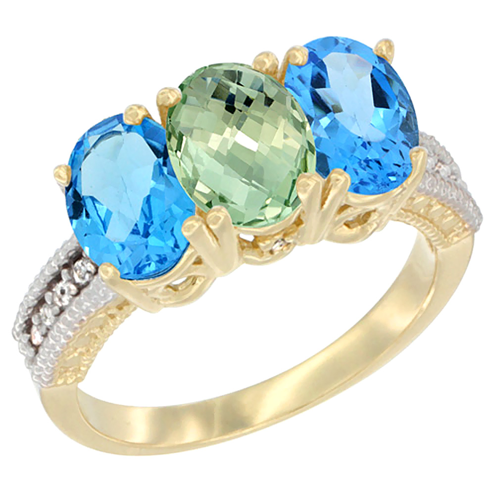 14K Yellow Gold Natural Green Amethyst & Swiss Blue Topaz Sides Ring 3-Stone 7x5 mm Oval Diamond Accent, sizes 5 - 10