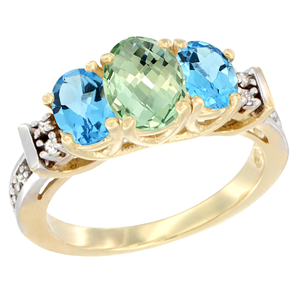 14K Yellow Gold Natural Green Amethyst & Swiss Blue Topaz Ring 3-Stone Oval Diamond Accent