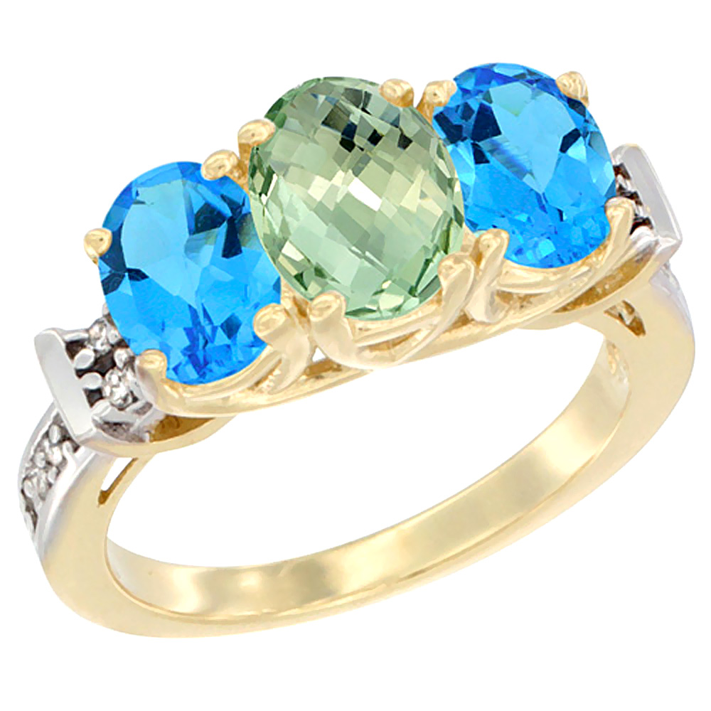14K Yellow Gold Natural Green Amethyst &amp; Swiss Blue Topaz Sides Ring 3-Stone Oval Diamond Accent, sizes 5 - 10
