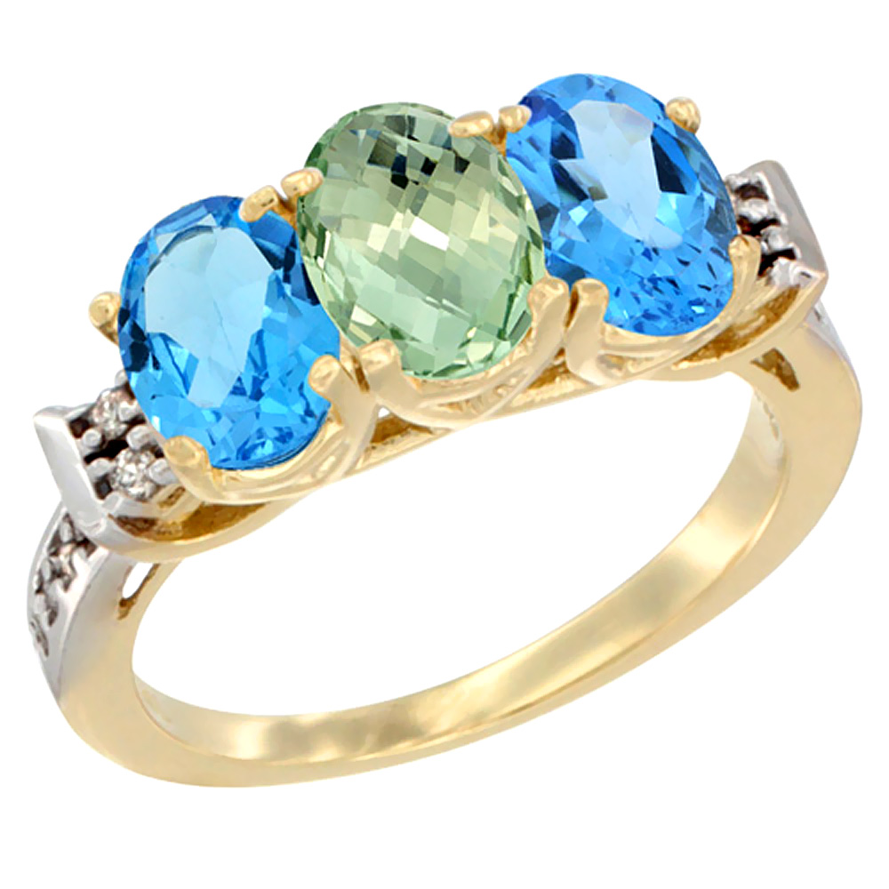 10K Yellow Gold Natural Green Amethyst & Swiss Blue Topaz Sides Ring 3-Stone Oval 7x5 mm Diamond Accent, sizes 5 - 10