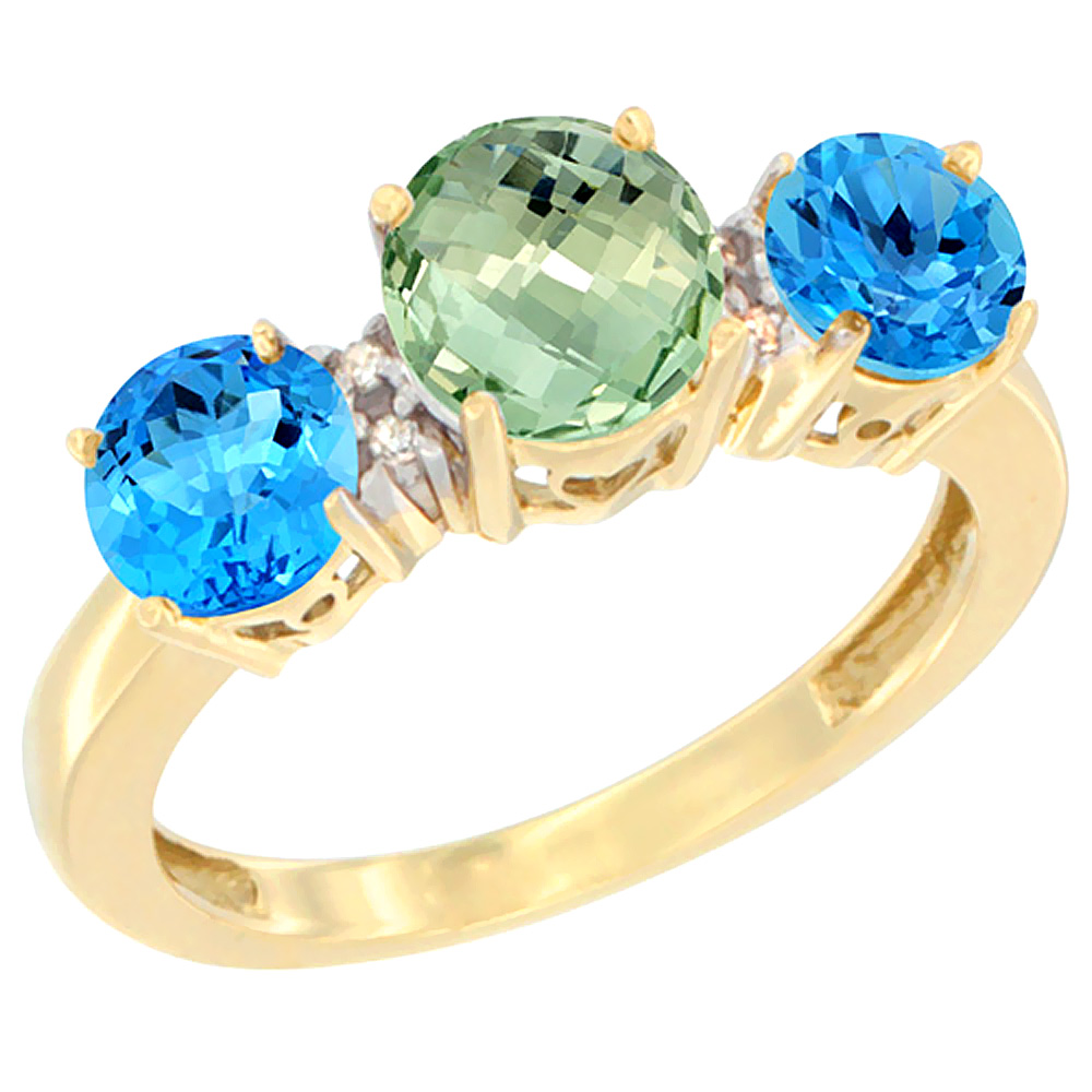 14K Yellow Gold Round 3-Stone Natural Green Amethyst Ring &amp; Swiss Blue Topaz Sides Diamond Accent, sizes 5 - 10