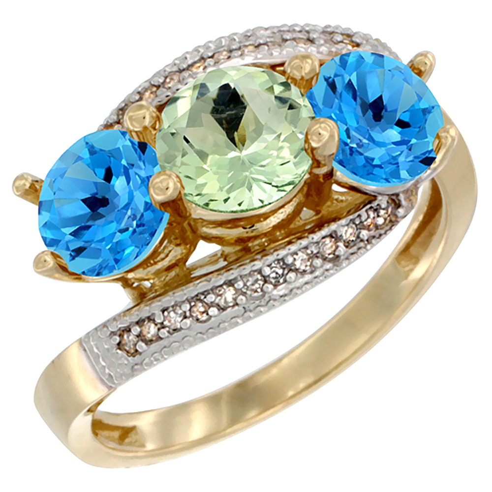 14K Yellow Gold Natural Green Amethyst & Swiss Blue Topaz Sides 3 stone Ring Round 6mm Diamond Accent, sizes 5 - 10