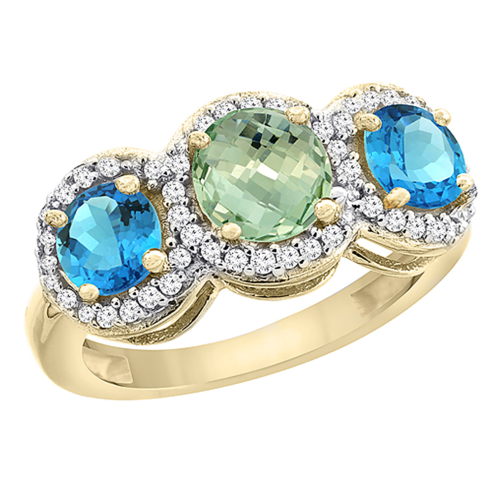10K Yellow Gold Natural Green Amethyst & Swiss Blue Topaz Sides Round 3-stone Ring Diamond Accents, sizes 5 - 10
