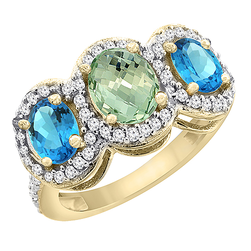 14K Yellow Gold Natural Green Amethyst & Swiss Blue Topaz 3-Stone Ring Oval Diamond Accent, sizes 5 - 10