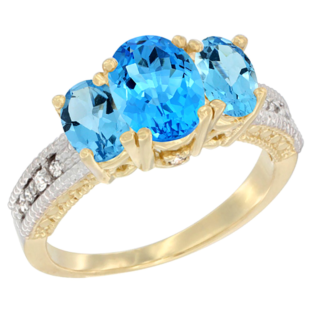10K Yellow Gold Diamond Natural Swiss Blue Topaz Ring Oval 3-stone, sizes 5 - 10