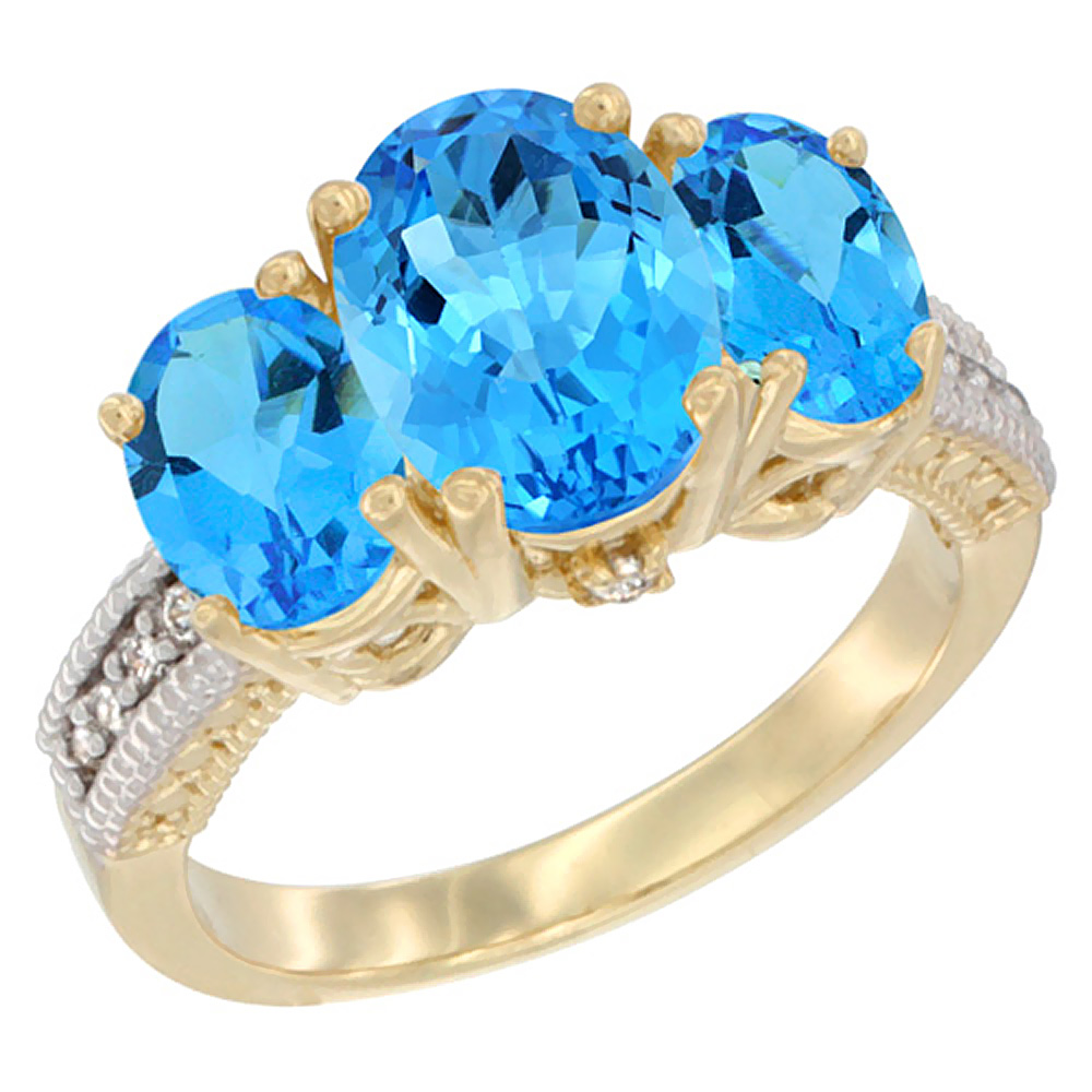 10K Yellow Gold Diamond Natural Swiss Blue Topaz Ring 3-Stone Oval 8x6mm, sizes5-10