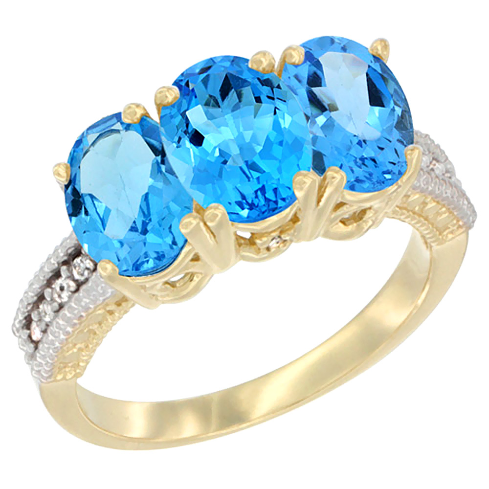 10K Yellow Gold Diamond Natural Swiss Blue Topaz Ring 3-Stone Oval 7x5 mm, sizes 5 - 10