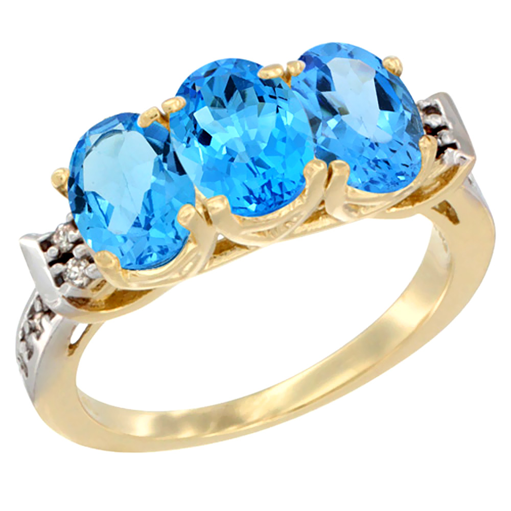 14K Yellow Gold Natural Swiss Blue Topaz Ring 3-Stone 7x5 mm Oval Diamond Accent, sizes 5 - 10