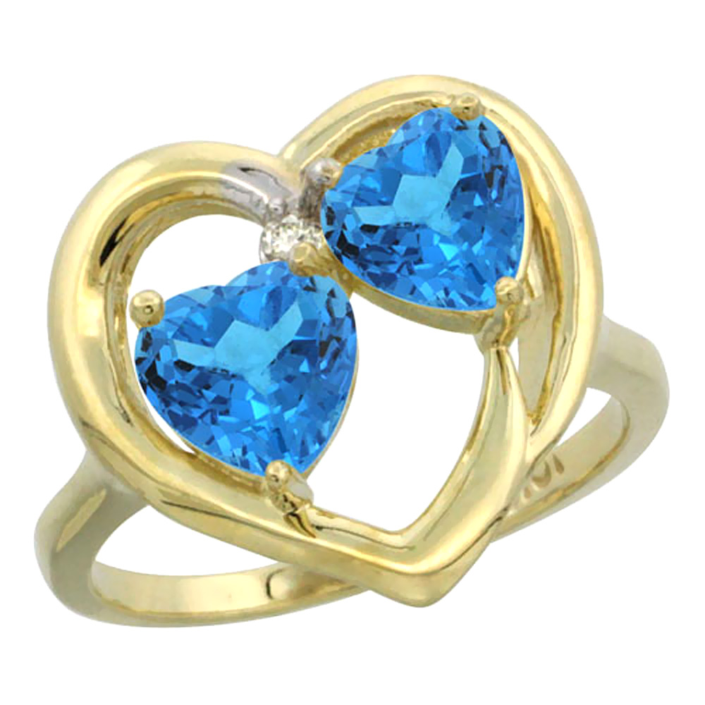 14K Yellow Gold Diamond Two-stone Heart Ring 6mm Natural Swiss Blue Topaz, sizes 5-10
