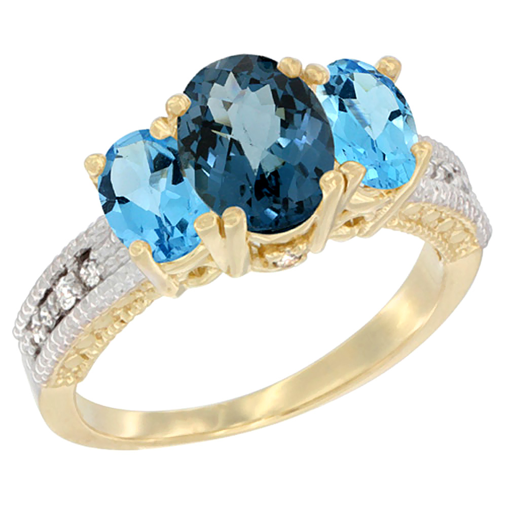 14K Yellow Gold Diamond Natural London Blue Topaz Ring Oval 3-stone with Swiss Blue Topaz, sizes 5-10