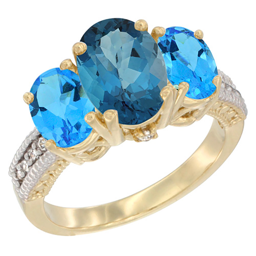 10K Yellow Gold Diamond Natural London Blue Topaz Ring 3-Stone Oval 8x6mm with Swiss Blue Topaz, sizes5-10