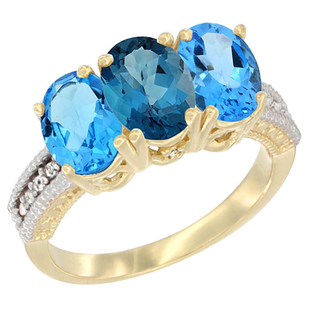 10K Yellow Gold Diamond Natural London Blue Topaz & Swiss Blue Topaz Sides Ring 3-Stone Oval 7x5 mm, sizes 5 - 10