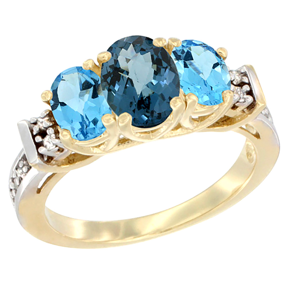 14K Yellow Gold Natural London Blue Topaz &amp; Swiss Blue Topaz Ring 3-Stone Oval Diamond Accent
