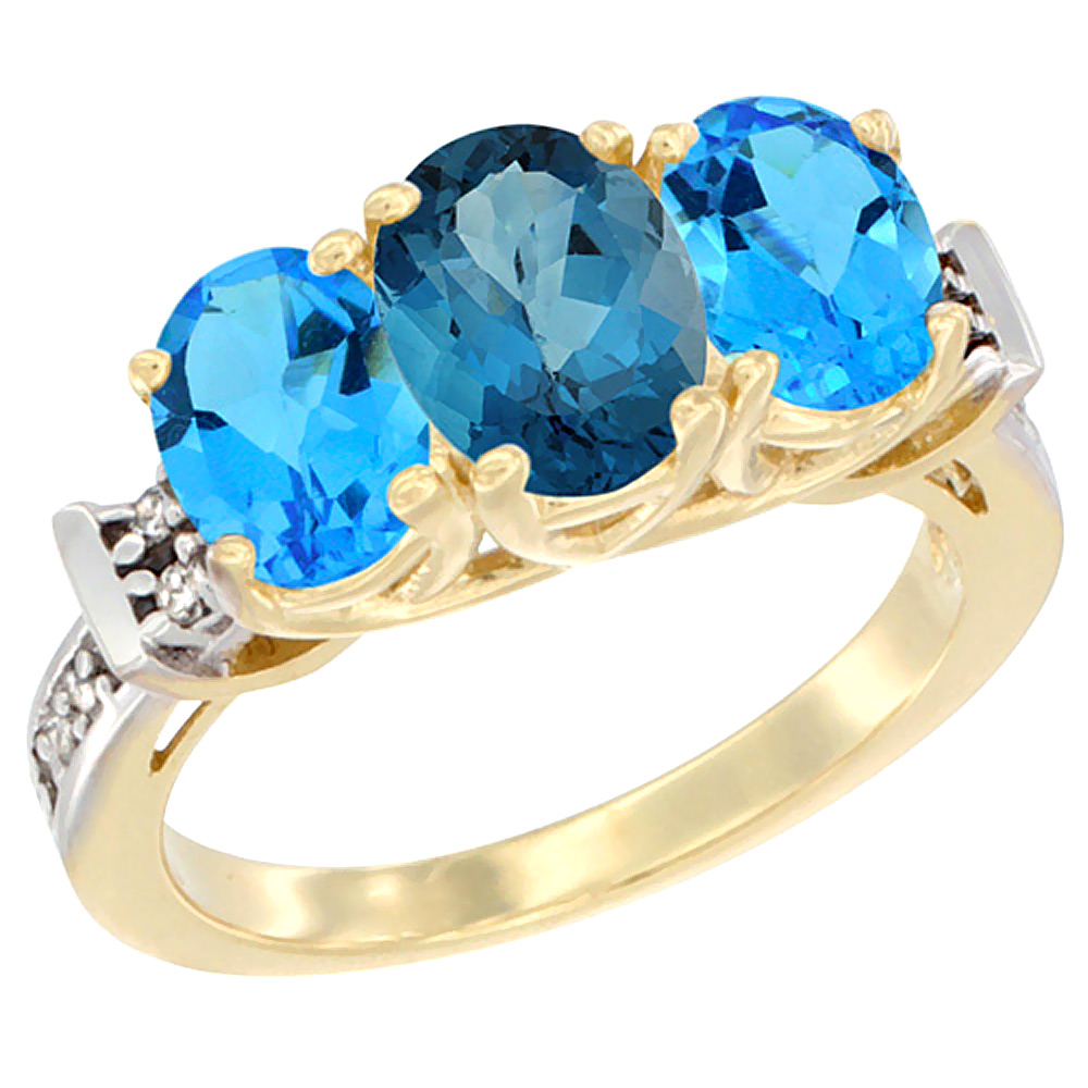 14K Yellow Gold Natural London Blue Topaz &amp; Swiss Blue Topaz Sides Ring 3-Stone Oval Diamond Accent, sizes 5 - 10