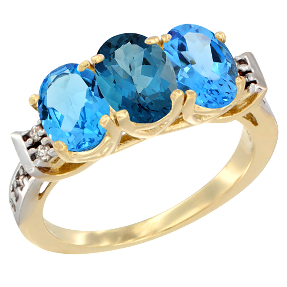 10K Yellow Gold Natural London Blue Topaz & Swiss Blue Topaz Sides Ring 3-Stone Oval 7x5 mm Diamond Accent, sizes 5 - 10