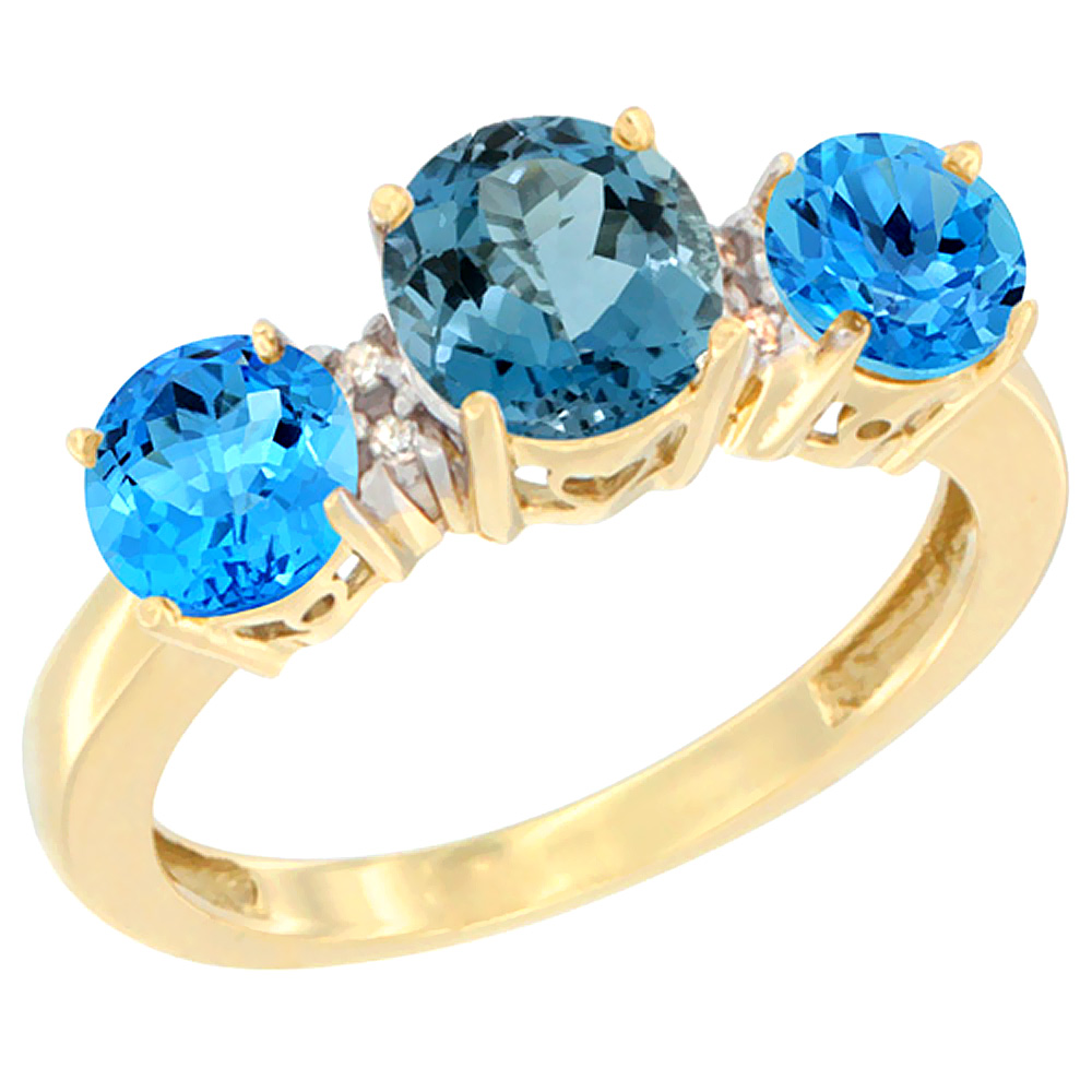 10K Yellow Gold Round 3-Stone Natural London Blue Topaz Ring &amp; Swiss Blue Topaz Sides Diamond Accent, sizes 5 - 10