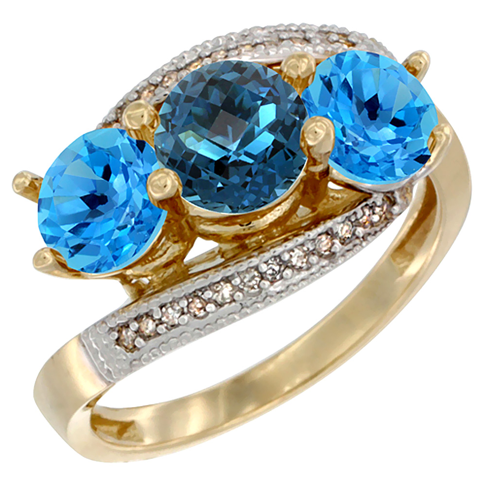 14K Yellow Gold Natural London Blue Topaz & Swiss Blue Topaz Sides 3 stone Ring Round 6mm Diamond Accent, sizes 5 - 10