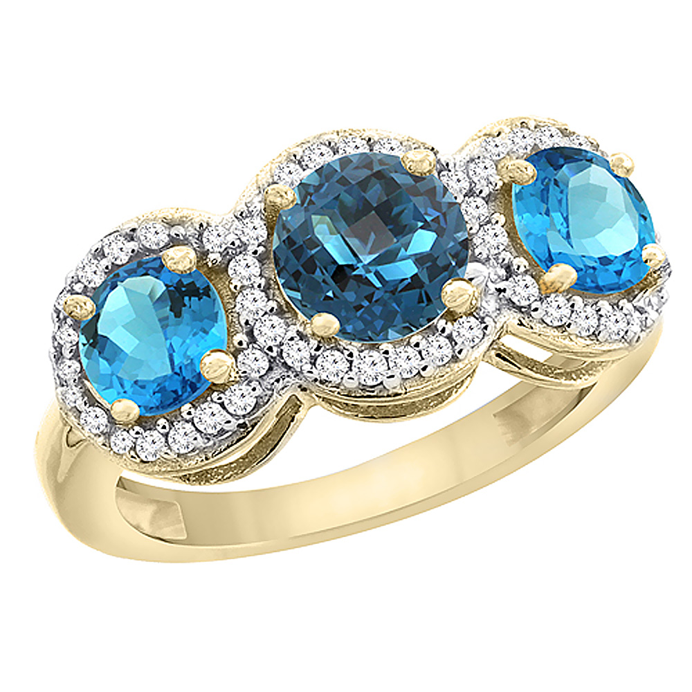 14K Yellow Gold Natural London Blue Topaz & Swiss Blue Topaz Sides Round 3-stone Ring Diamond Accents, sizes 5 - 10