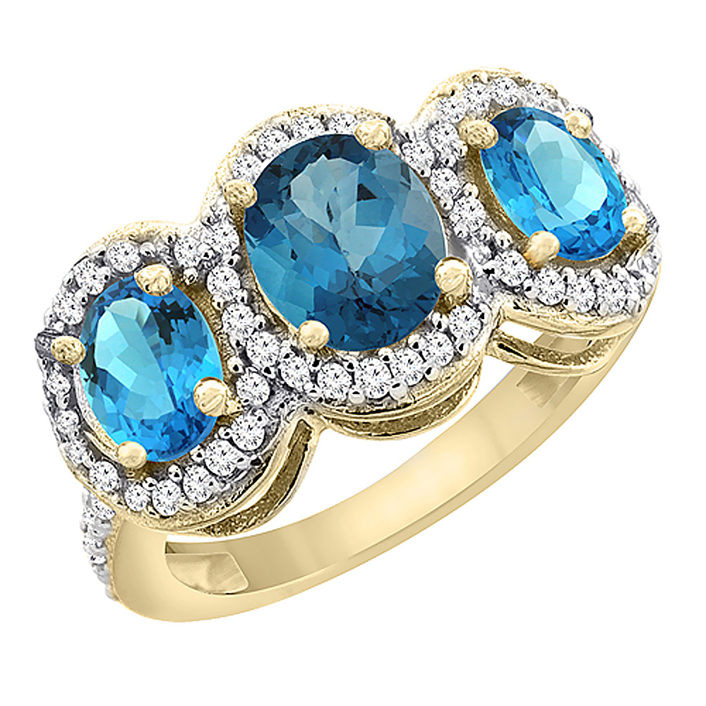 10K Yellow Gold Natural London Blue Topaz &amp; Swiss Blue Topaz 3-Stone Ring Oval Diamond Accent, sizes 5 - 10