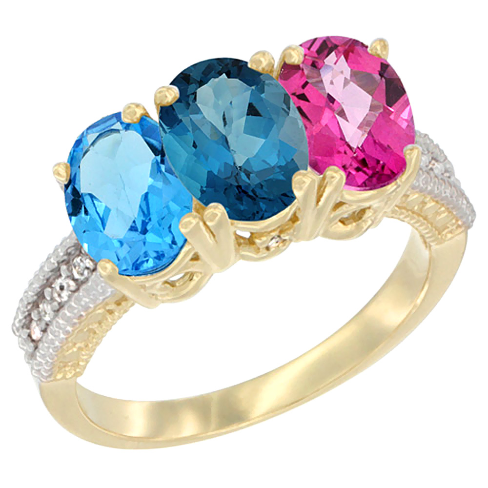 10K Yellow Gold Diamond Natural Swiss Blue Topaz, London Blue Topaz & Pink Topaz Ring 3-Stone Oval 7x5 mm, sizes 5 - 10