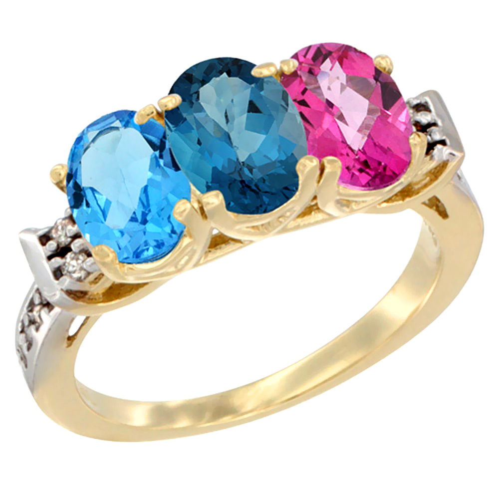 10K Yellow Gold Natural Swiss Blue Topaz, London Blue Topaz &amp; Pink Topaz Ring 3-Stone Oval 7x5 mm Diamond Accent, sizes 5 - 10