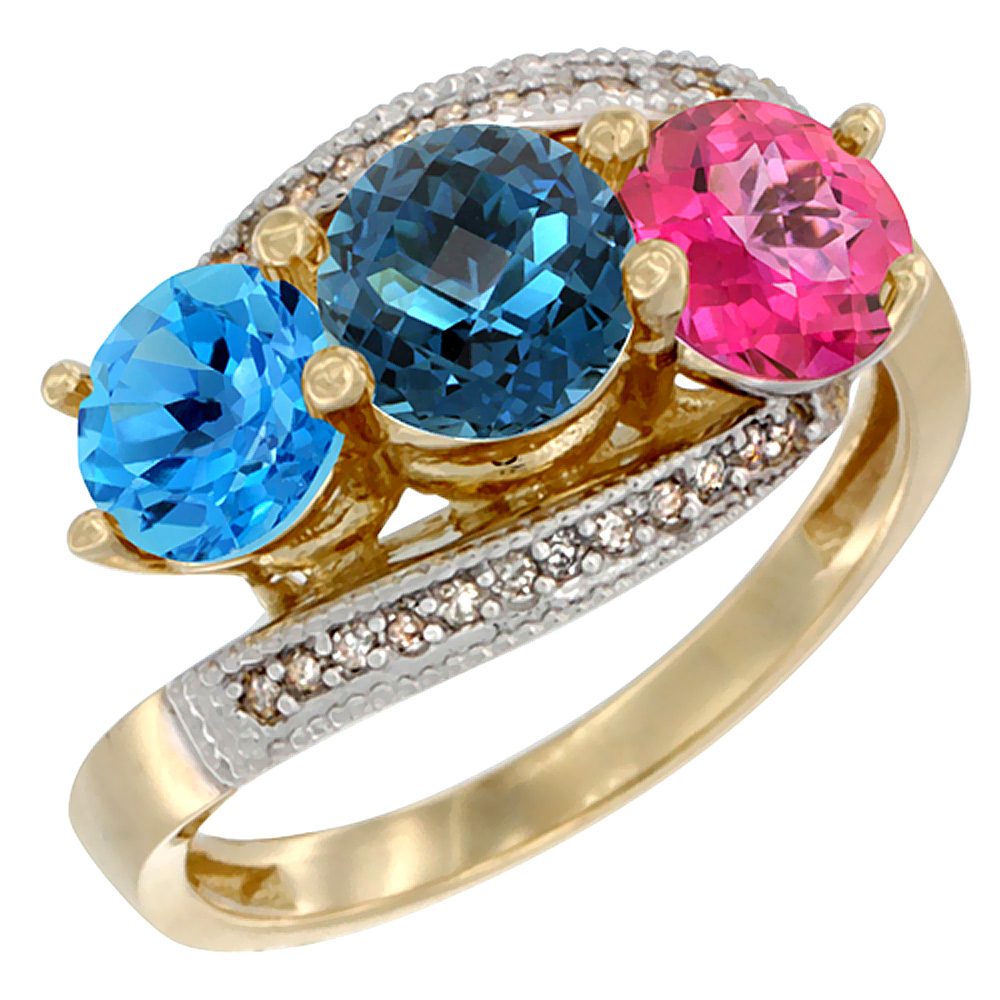 10K Yellow Gold Natural Swiss Blue Topaz, London Blue & Pink Topaz 3 stone Ring Round 6mm Diamond Accent, sizes 5 - 10