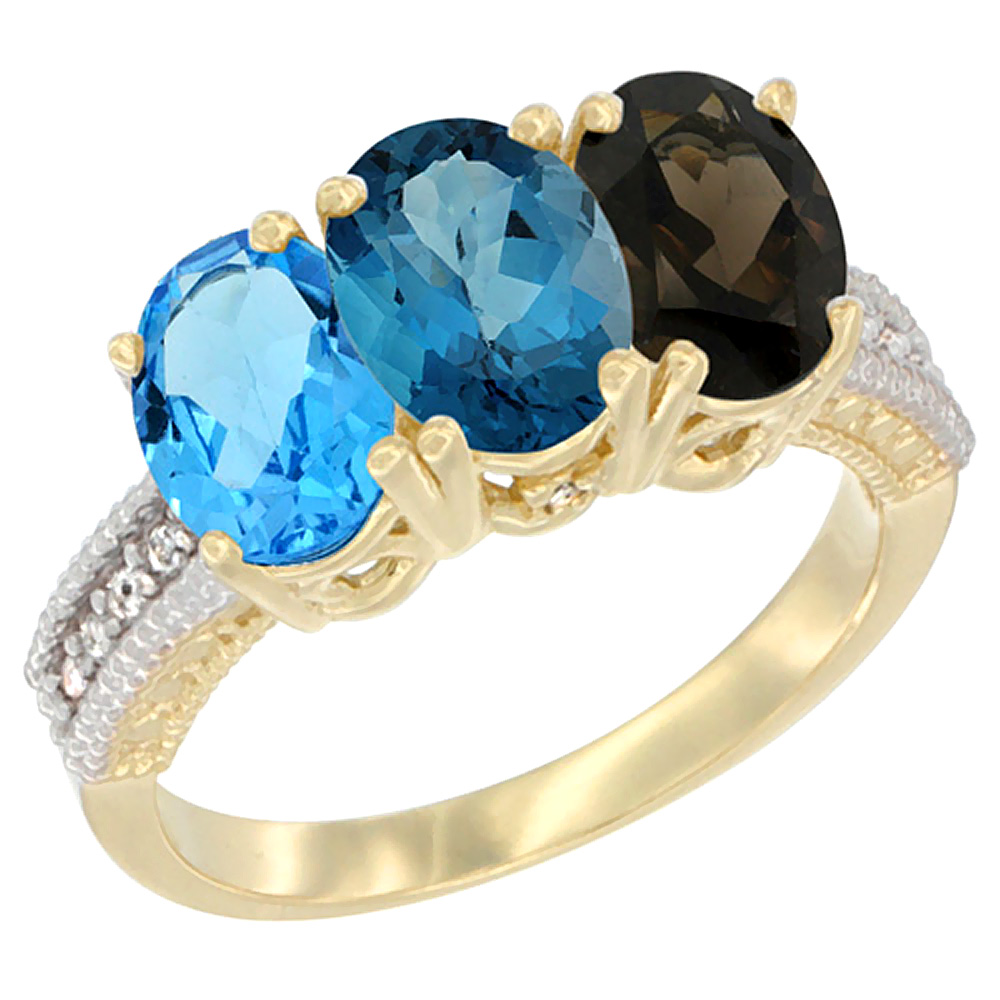 14K Yellow Gold Natural Swiss Blue Topaz, London Blue Topaz &amp; Smoky Topaz Ring 3-Stone 7x5 mm Oval Diamond Accent, sizes 5 - 10