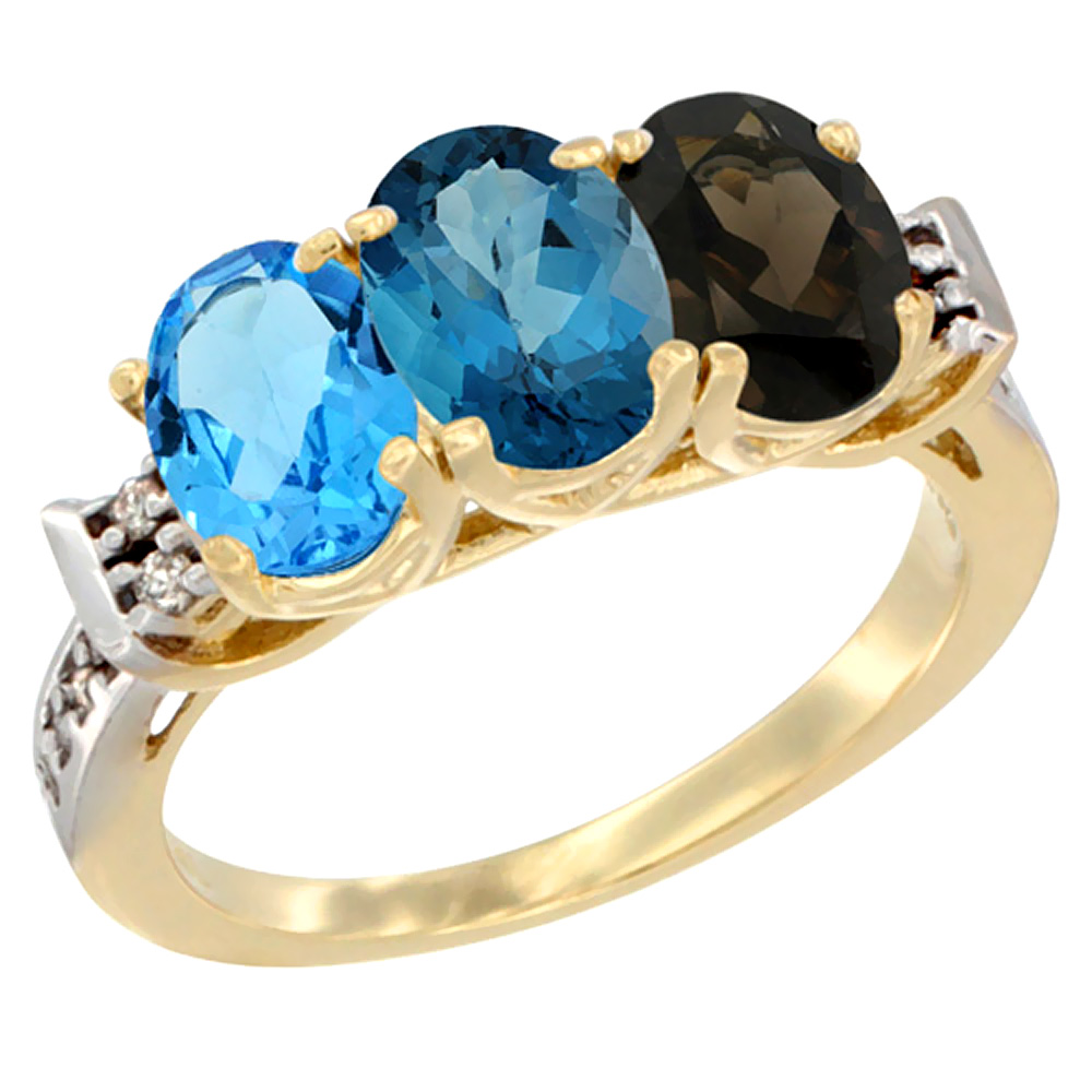 10K Yellow Gold Natural Swiss Blue Topaz, London Blue Topaz & Smoky Topaz Ring 3-Stone Oval 7x5 mm Diamond Accent, sizes 5 - 10