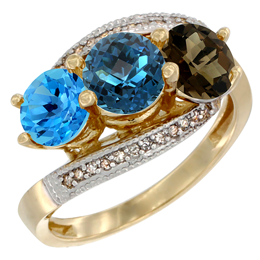 10K Yellow Gold Natural Swiss Blue Topaz, London Blue &amp; Smoky Topaz 3 stone Ring Round 6mm Diamond Accent, sizes 5 - 10