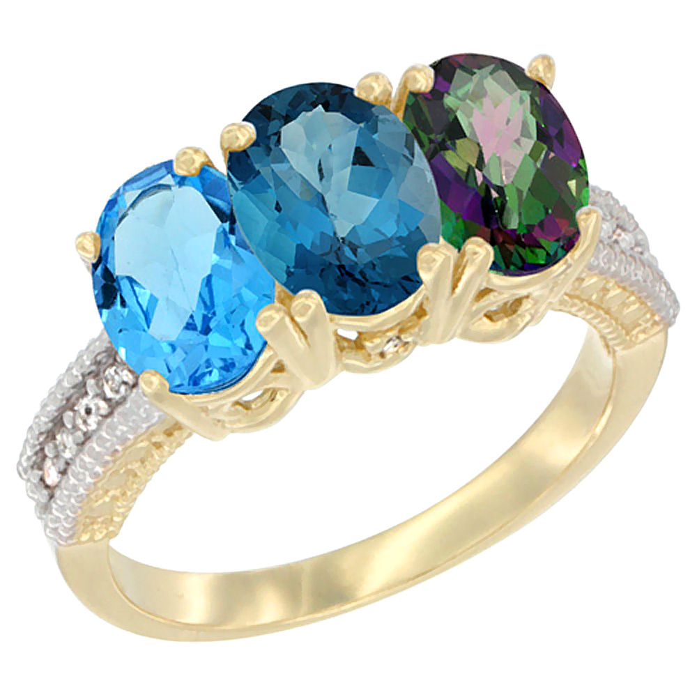 10K Yellow Gold Diamond Natural Swiss Blue Topaz, London Blue Topaz & Mystic Topaz Ring 3-Stone Oval 7x5 mm, sizes 5 - 10