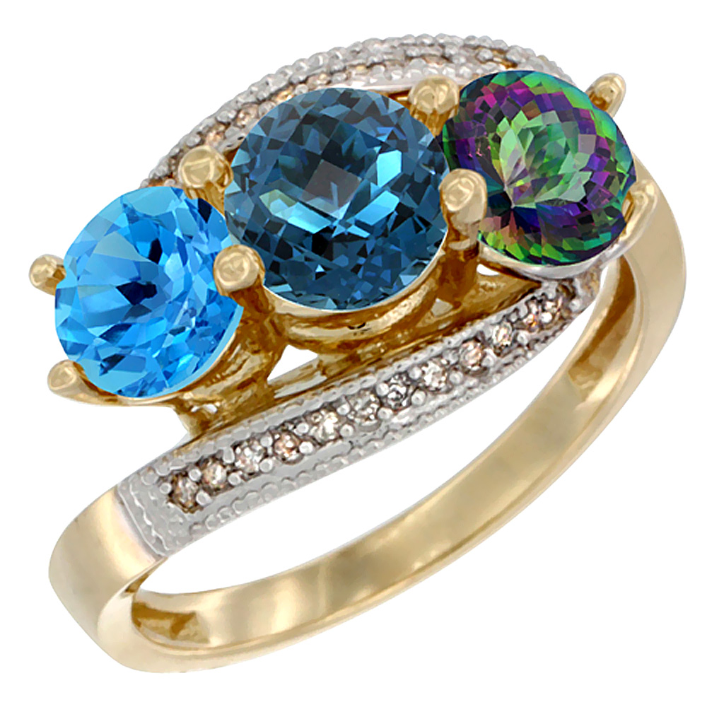 10K Yellow Gold Natural Swiss Blue Topaz, London Blue & Mystic Topaz 3 stone Ring Round 6mm Diamond Accent, sizes 5 - 10