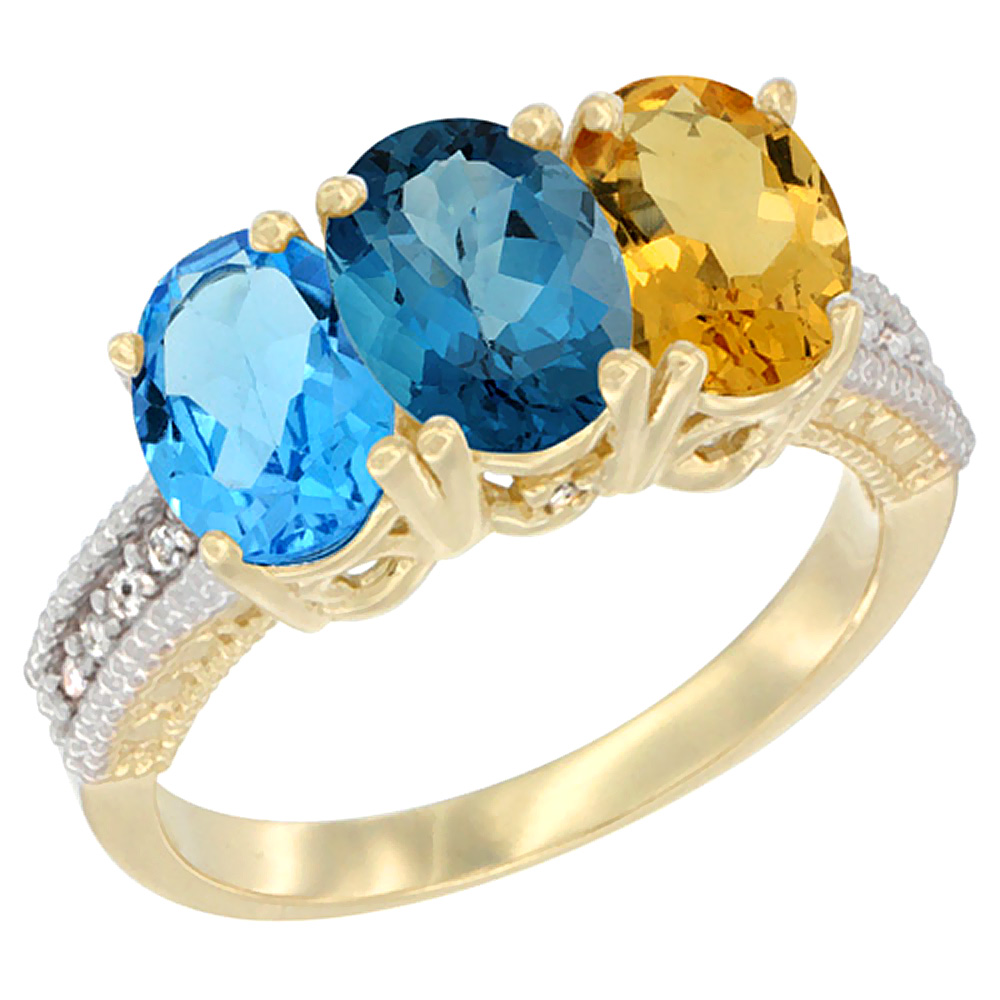 14K Yellow Gold Natural Swiss Blue Topaz, London Blue Topaz & Citrine Ring 3-Stone 7x5 mm Oval Diamond Accent, sizes 5 - 10