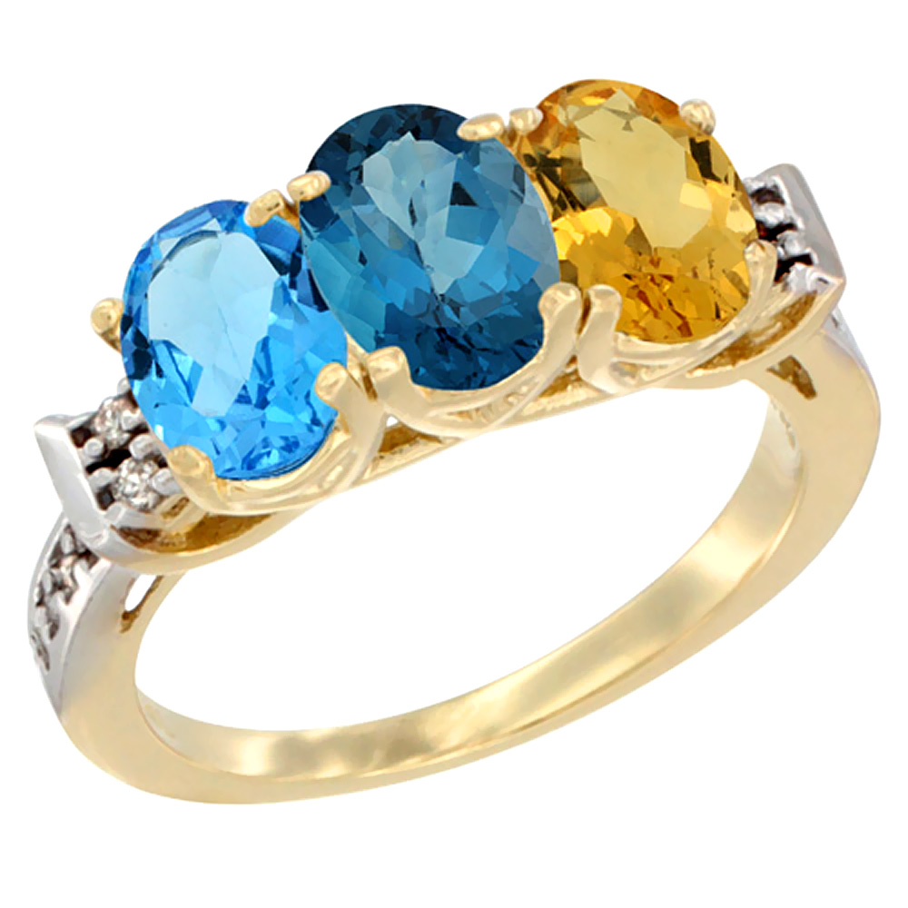 14K Yellow Gold Natural Swiss Blue Topaz, London Blue Topaz & Citrine Ring 3-Stone 7x5 mm Oval Diamond Accent, sizes 5 - 10