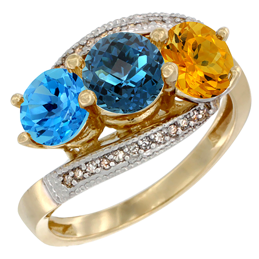 14K Yellow Gold Natural Swiss Blue Topaz, London Blue Topaz &amp; Citrine 3 stone Ring Round 6mm Diamond Accent, sizes 5 - 10