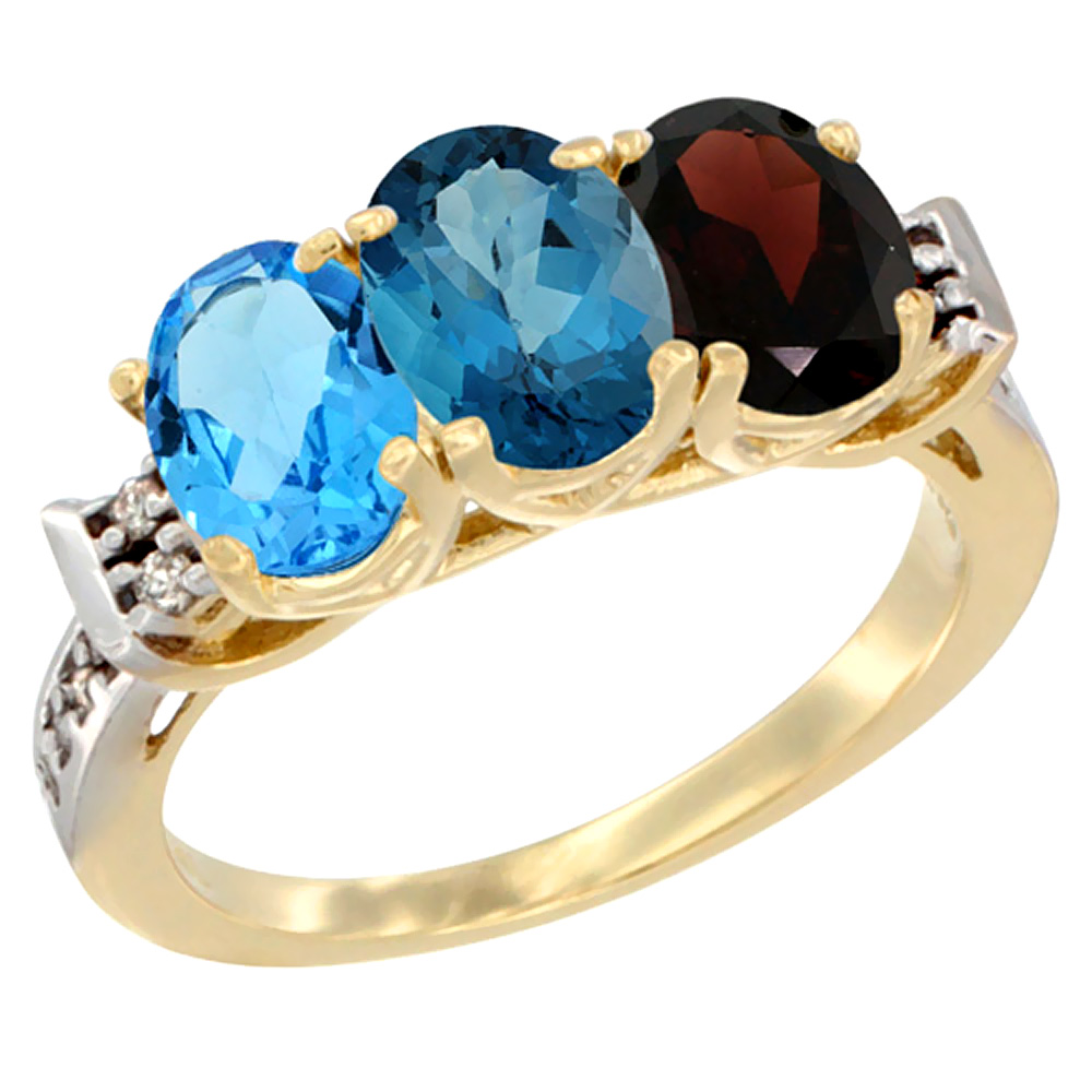 10K Yellow Gold Natural Swiss Blue Topaz, London Blue Topaz & Garnet Ring 3-Stone Oval 7x5 mm Diamond Accent, sizes 5 - 10