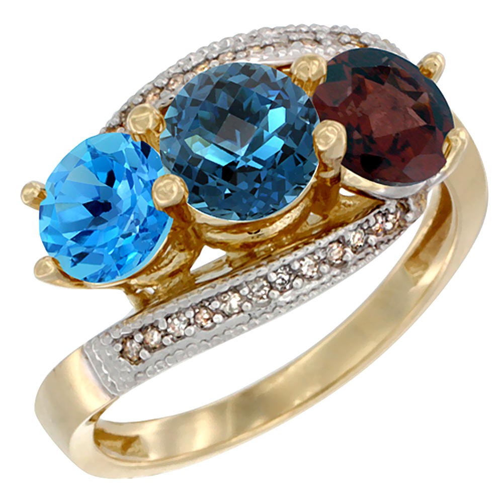 10K Yellow Gold Natural Swiss Blue Topaz, London Blue Topaz & Garnet 3 stone Ring Round 6mm Diamond Accent, sizes 5 - 10
