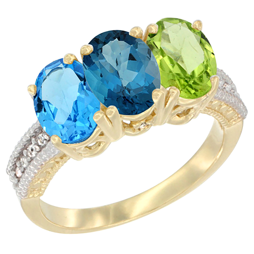 10K Yellow Gold Diamond Natural Swiss Blue Topaz, London Blue Topaz & Peridot Ring 3-Stone Oval 7x5 mm, sizes 5 - 10