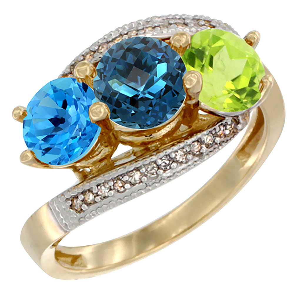 14K Yellow Gold Natural Swiss Blue Topaz, London Blue Topaz &amp; Peridot 3 stone Ring Round 6mm Diamond Accent, sizes 5 - 10