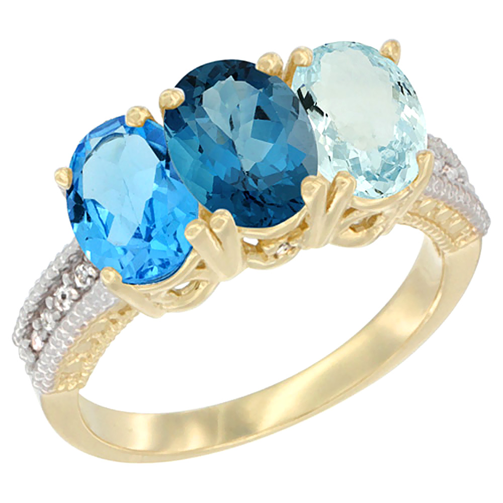 14K Yellow Gold Natural Swiss Blue Topaz, London Blue Topaz & Aquamarine Ring 3-Stone 7x5 mm Oval Diamond Accent, sizes 5 - 10