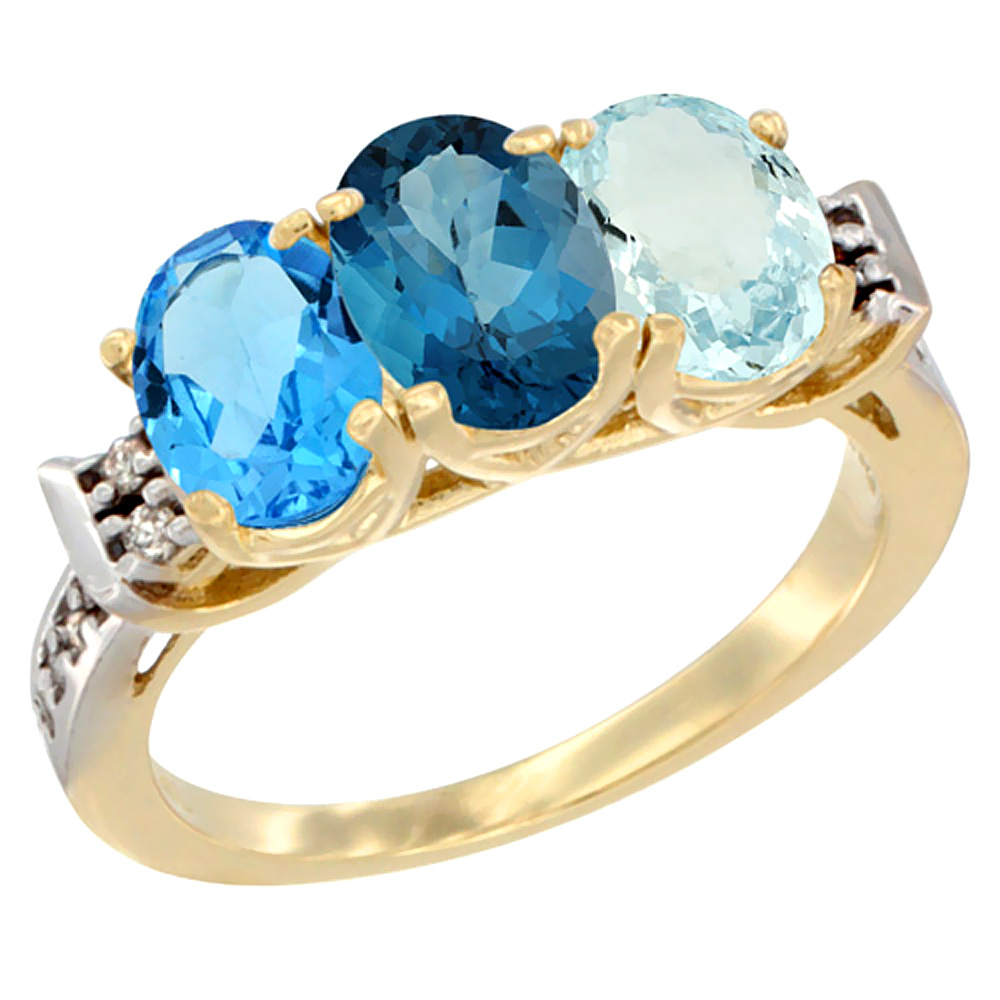 14K Yellow Gold Natural Swiss Blue Topaz, London Blue Topaz &amp; Aquamarine Ring 3-Stone 7x5 mm Oval Diamond Accent, sizes 5 - 10
