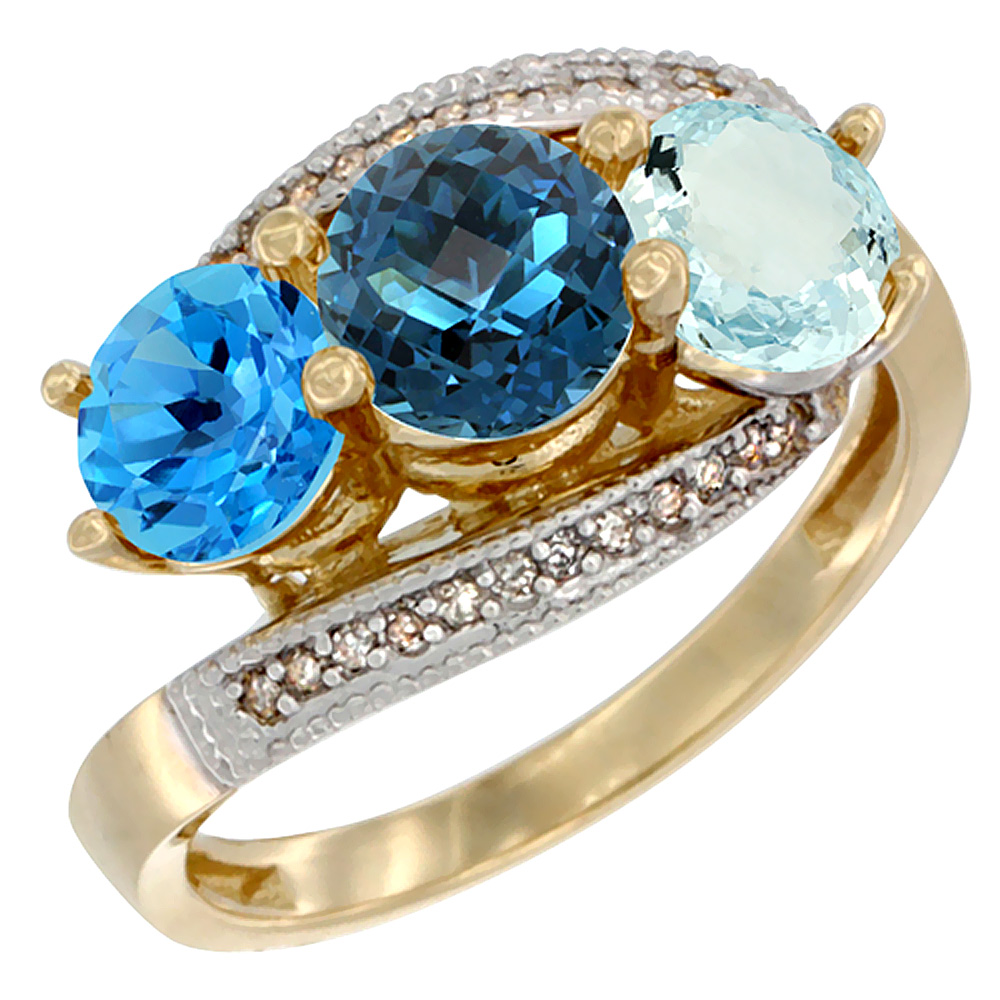 10K Yellow Gold Natural Swiss Blue Topaz, London Blue Topaz & Aquamarine 3 stone Ring Round 6mm Diamond Accent, sizes 5 - 10