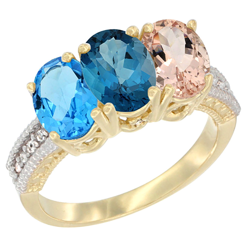14K Yellow Gold Natural Swiss Blue Topaz, London Blue Topaz & Morganite Ring 3-Stone 7x5 mm Oval Diamond Accent, sizes 5 - 10