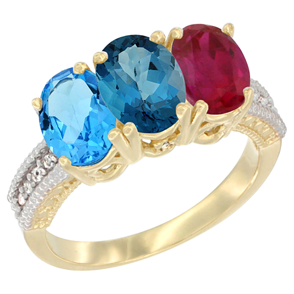 10K Yellow Gold Diamond Natural Swiss Blue Topaz, London Blue Topaz & Enhanced Ruby Ring 3-Stone Oval 7x5 mm, sizes 5 - 10