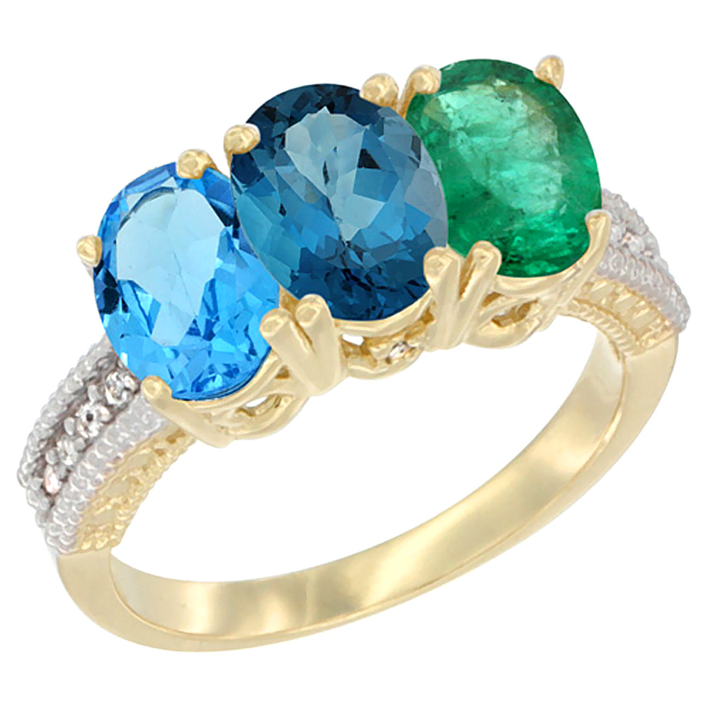 10K Yellow Gold Diamond Natural Swiss Blue Topaz, London Blue Topaz & Emerald Ring 3-Stone Oval 7x5 mm, sizes 5 - 10