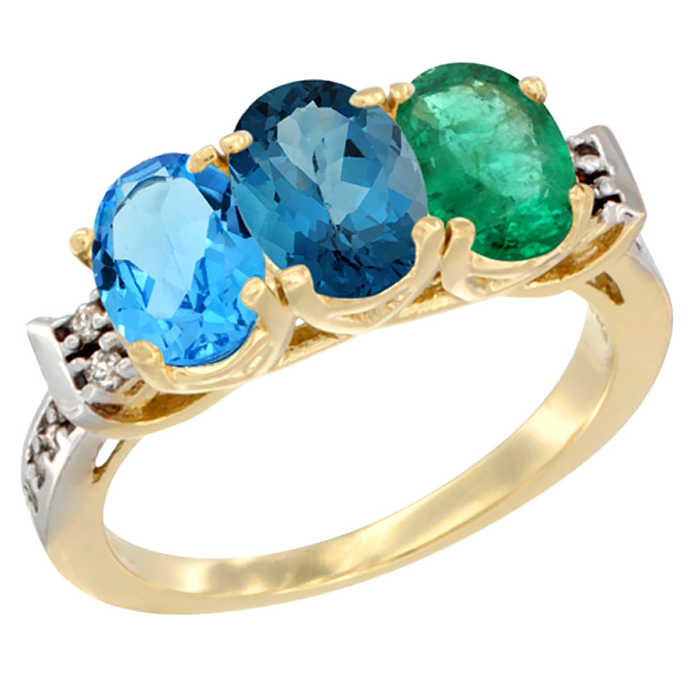 10K Yellow Gold Natural Swiss Blue Topaz, London Blue Topaz &amp; Emerald Ring 3-Stone Oval 7x5 mm Diamond Accent, sizes 5 - 10
