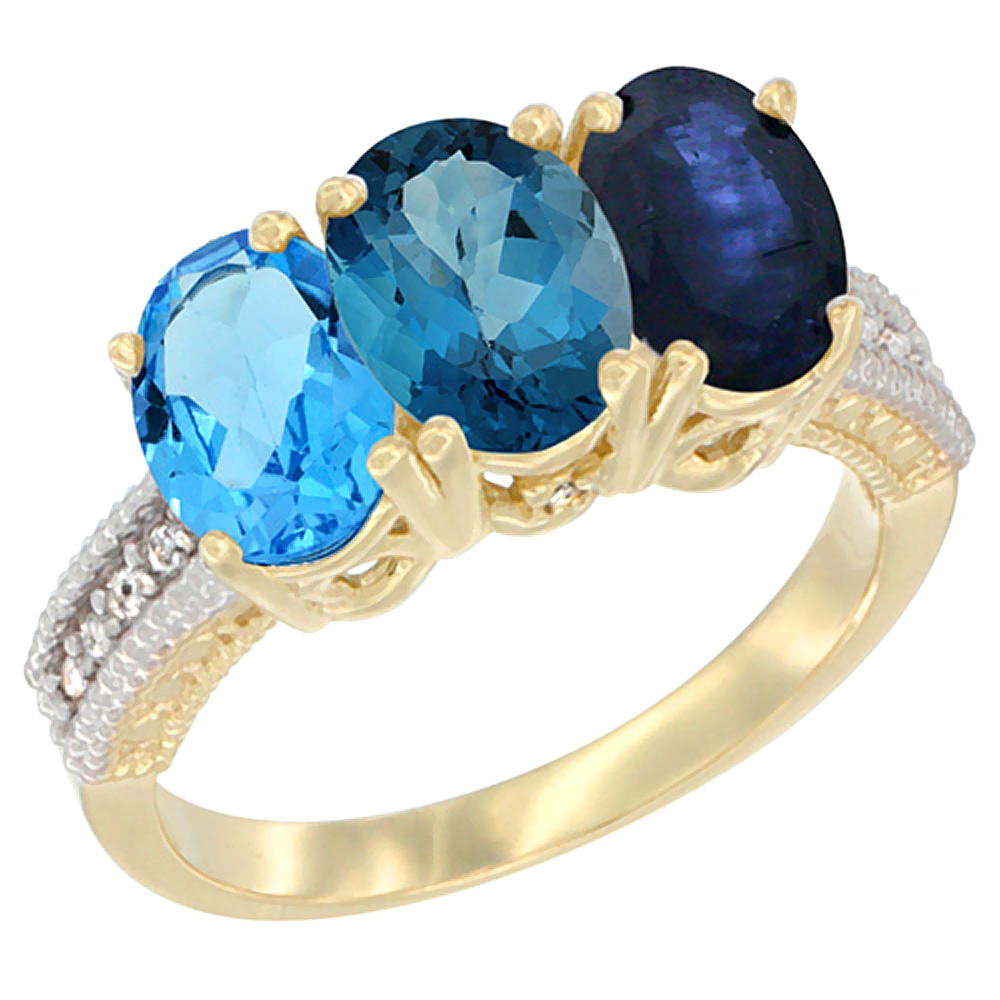 14K Yellow Gold Natural Swiss Blue Topaz, London Blue Topaz &amp; Blue Sapphire Ring 3-Stone 7x5 mm Oval Diamond Accent, sizes 5 - 10