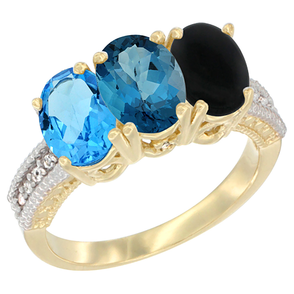 14K Yellow Gold Natural Swiss Blue Topaz, London Blue Topaz &amp; Black Onyx Ring 3-Stone 7x5 mm Oval Diamond Accent, sizes 5 - 10