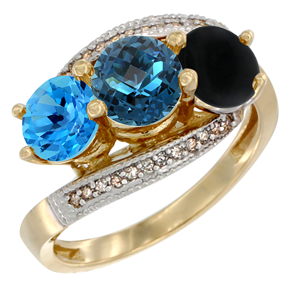 14K Yellow Gold Natural Swiss Blue Topaz, London Blue Topaz & Black Onyx 3 stone Ring Round 6mm Diamond Accent, sizes 5 - 10